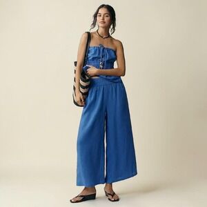 Anthropologie Somerset Linen Pull On Wide Leg Pants Sapphire Blue Sz M